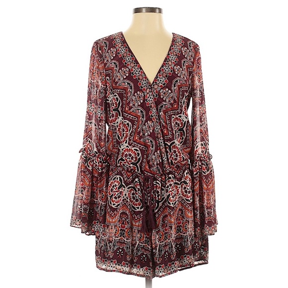 Chelsea & Violet Lurex V-Neck Romper with Beautiful Bell Sleeves in Burgundy - Picture 2 of 6